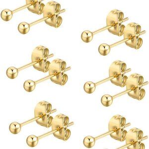 6 Pair Tiny Women 14K Gold Plated Ball Stud Earrings Surgical Stainless Steel